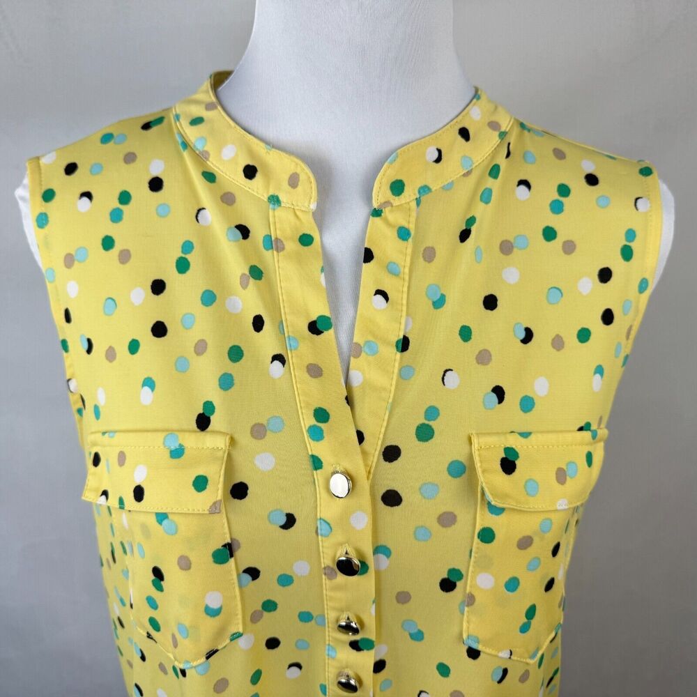 Ava & Grace Women Sz S Yellow Polka Dot Metal Button Henley Sleeveless - Picture 2 of 7